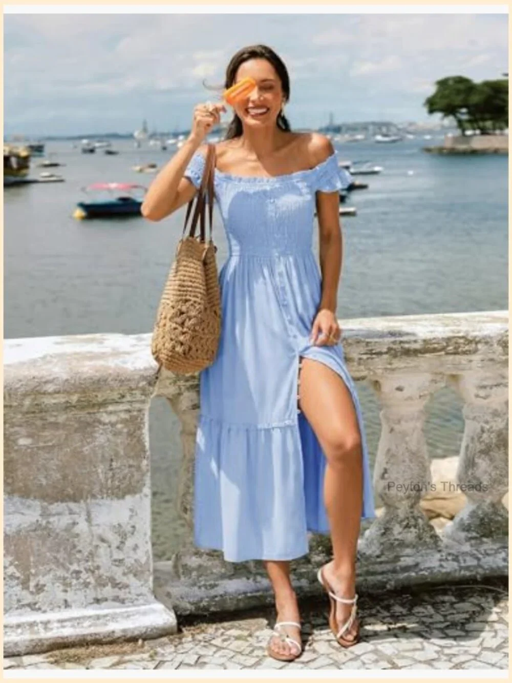 Midi Dress Square Neck Button Down Smocked Ruffle Strap Flowy Beach Sundress - Picture 2 of 7